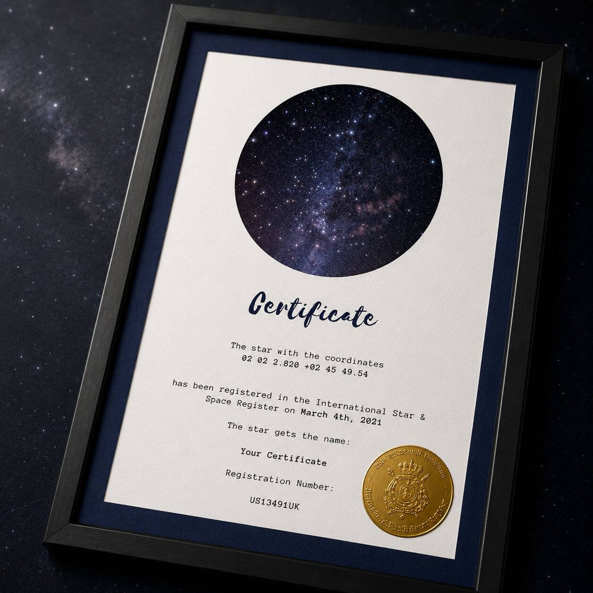 Blue buy a star certificate with black frame and star coordinates